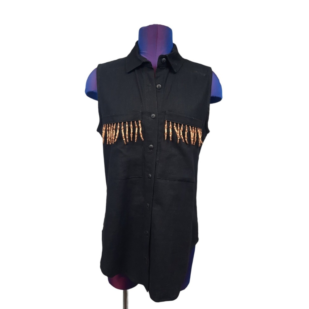 Vintage Alexander Campbell Black Western Fringed Linen Sleeveless Top Size 6
